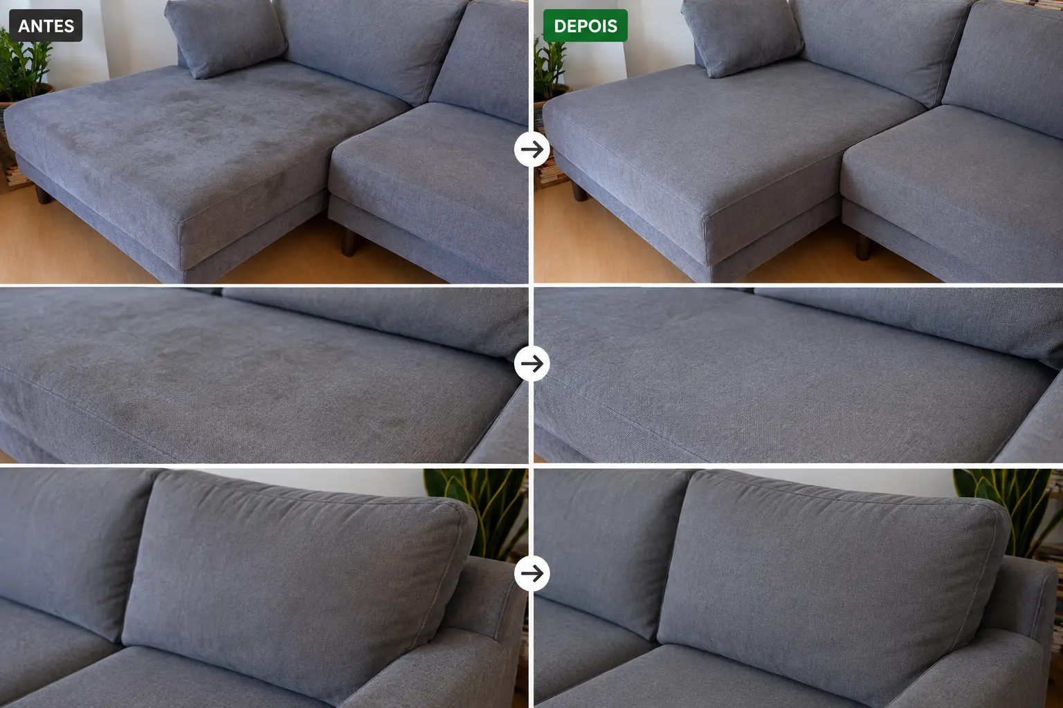 Sofá de tecido cinzento com chaise longue — trabalho realizado pela POD Higienizar