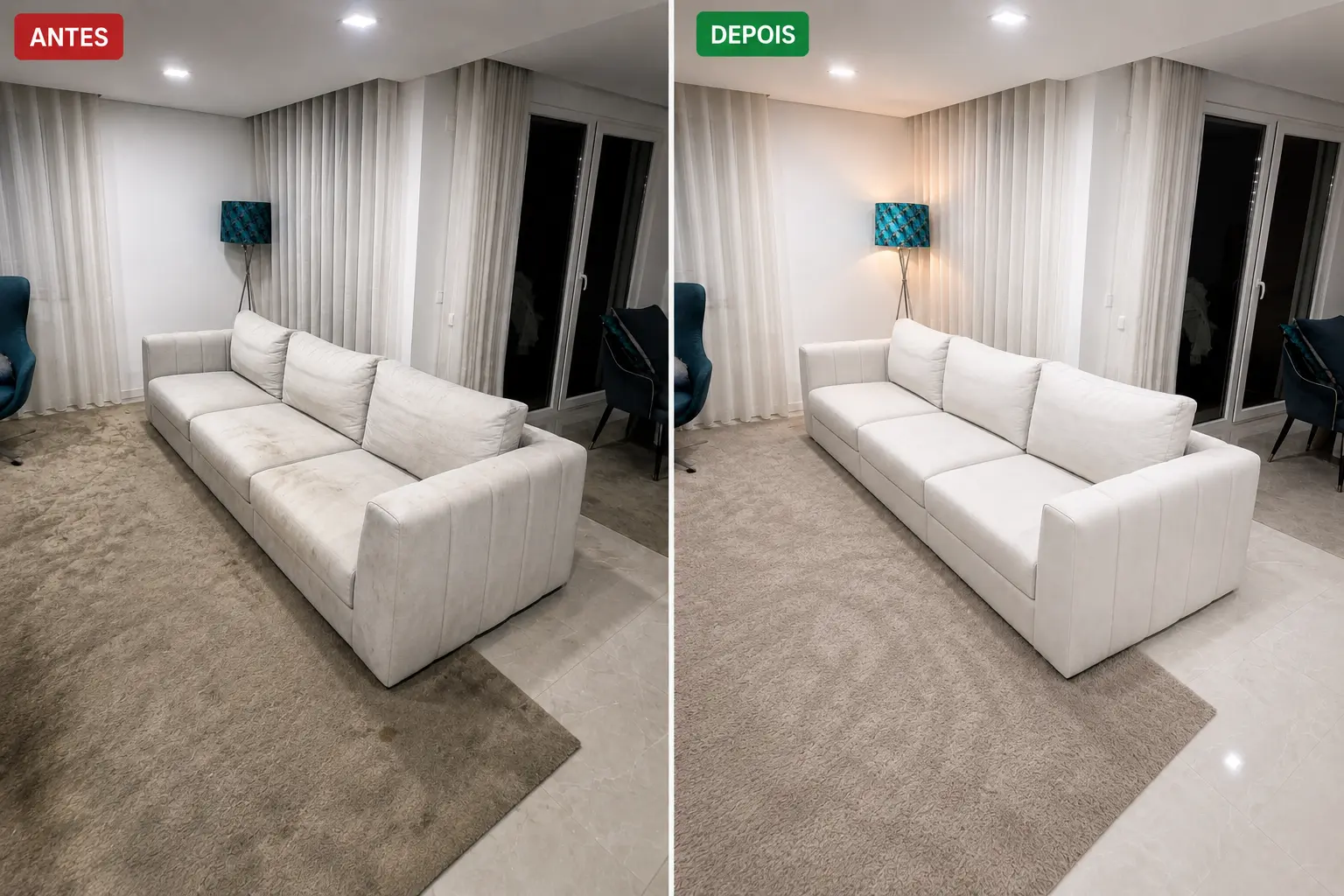 Sofá branco e tapete de sala — trabalho realizado pela POD Higienizar