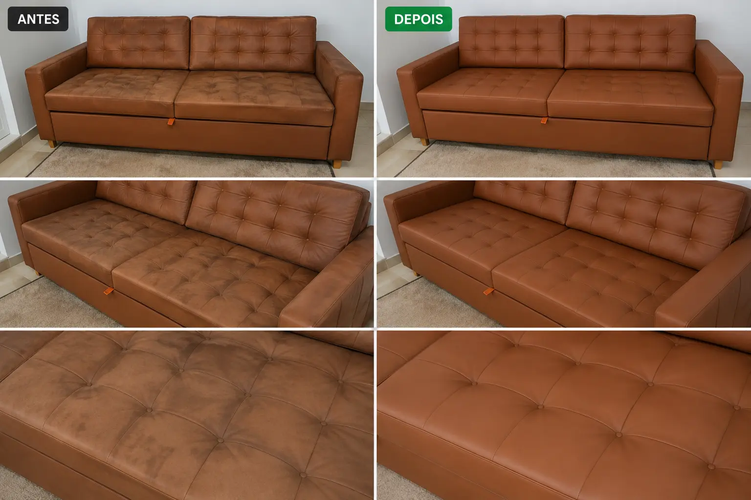 Sofá-cama castanho tufado — trabalho realizado pela POD Higienizar