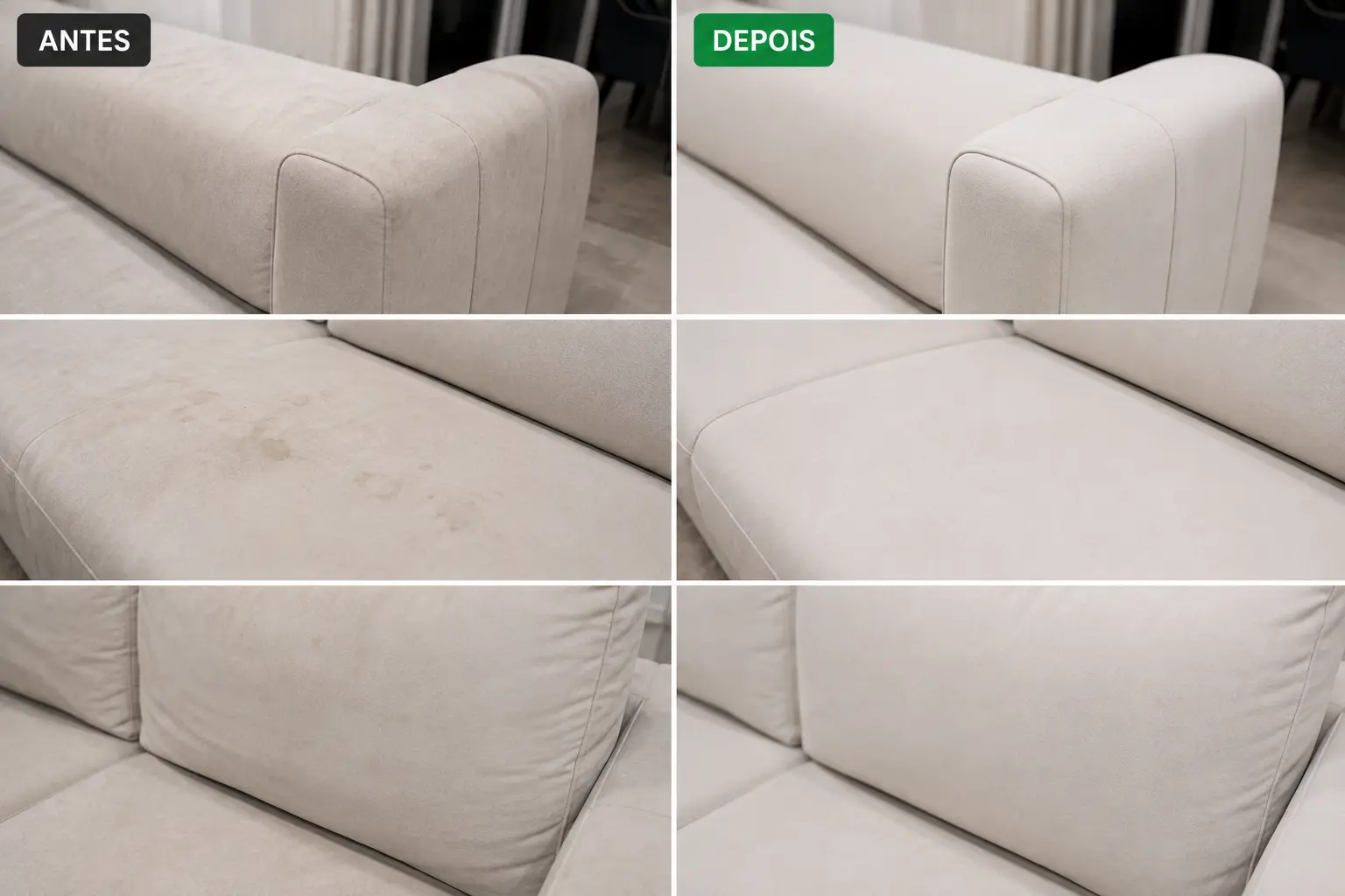 Sofá bege com nódoas de uso — trabalho realizado pela POD Higienizar